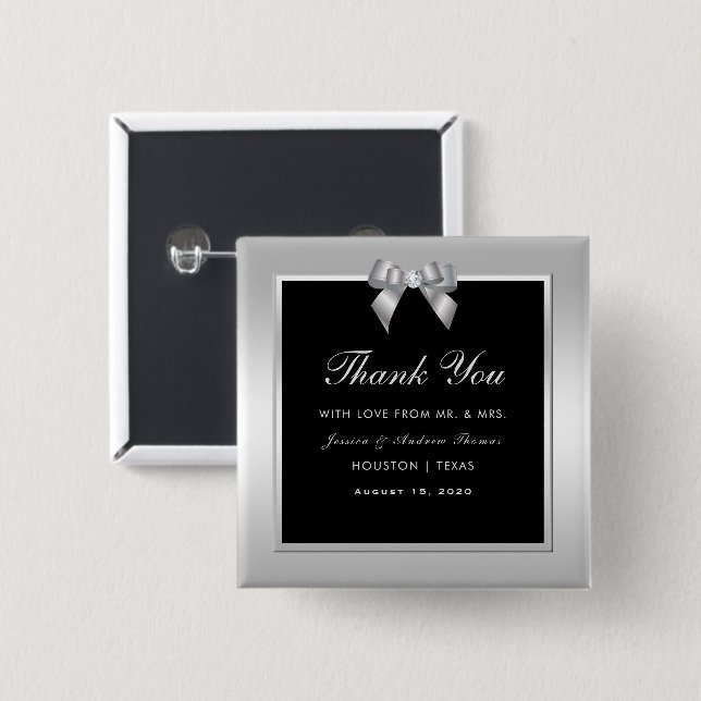 Stylish Silver Gem Bow & Black Wedding Favor Button (Front & Back)