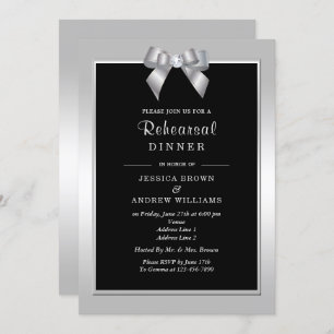 Stylish Silver Gem Bow & Black Wedding Invitation