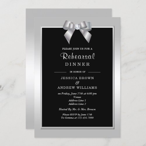 Stylish Silver Gem Bow  Black Wedding Invitation