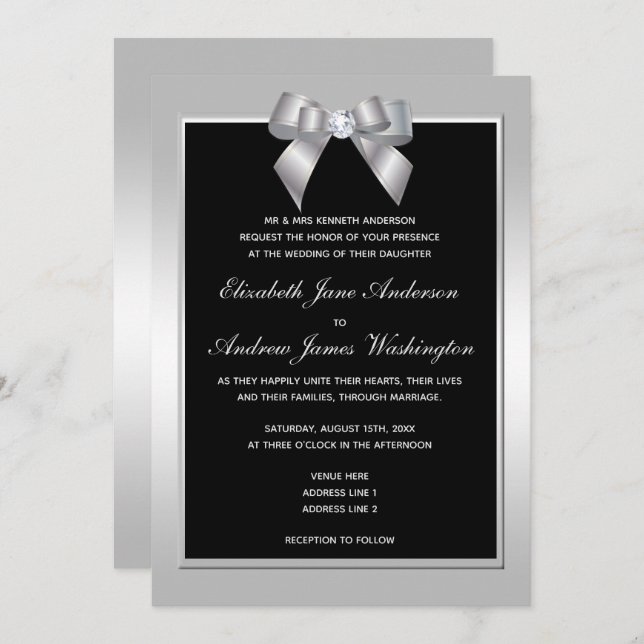Stylish Silver Gem Bow & Black Wedding Invitation (Front/Back)