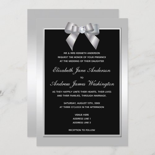 Stylish Silver Gem Bow  Black Wedding Invitation