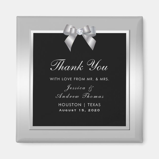 Stylish Silver Gem Bow & Black Wedding Magnet (Front)