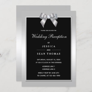 Stylish Silver Gem Bow & Black Wedding Reception Invitation