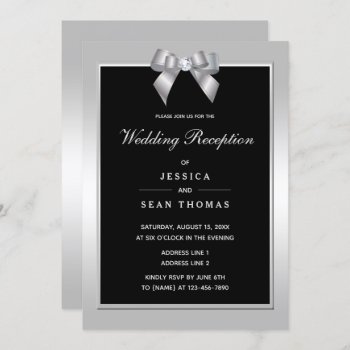 Stylish Silver Gem Bow & Black Wedding Reception Invitation by Sarah_Designs at Zazzle