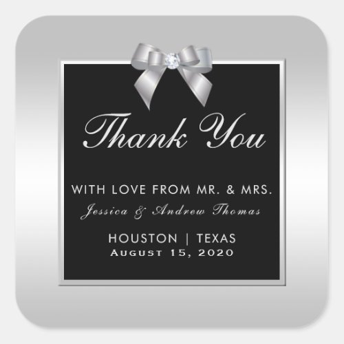 Stylish Silver Gem Bow  Black Wedding Square Sticker