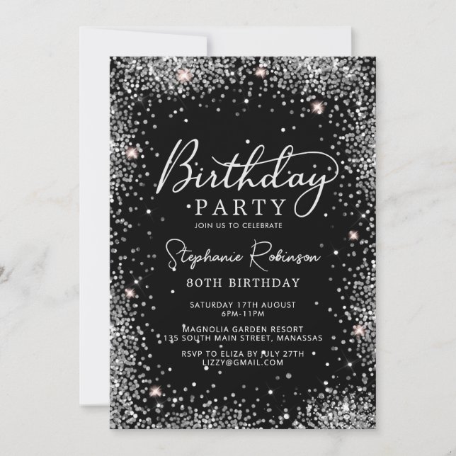 Stylish Silver Glitter and Black 80th Birthday  Invitation (Front)