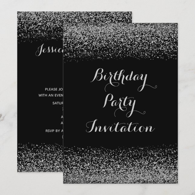 Stylish Silver Glitter Birthday Invitation (Front/Back)
