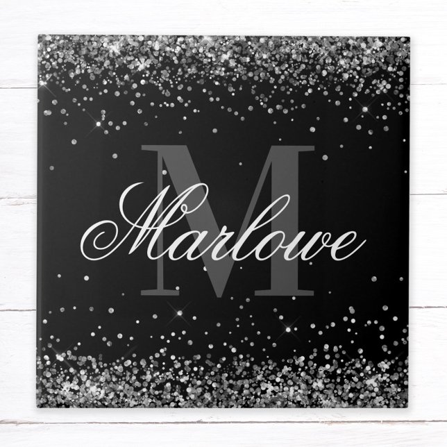 Stylish Silver Glitter Black White Monogram Ceramic Tile (Creator Uploaded)
