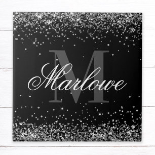 Stylish Silver Glitter Black White Monogram Ceramic Tile