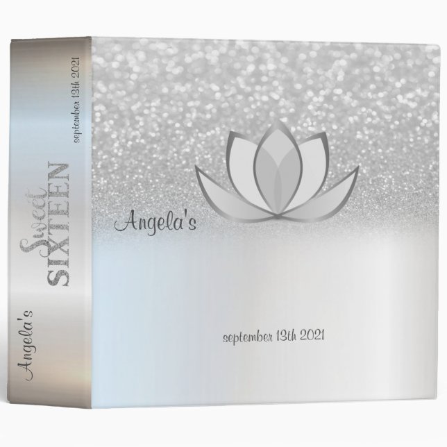 Stylish Silver Glitter Bokeh Lotus Sweet 16  3 Ring Binder (Front/Spine)