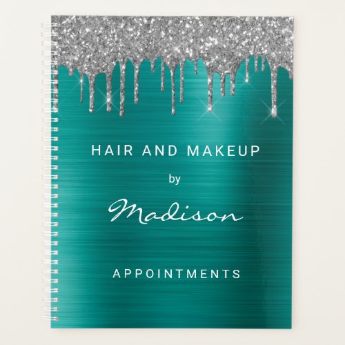 Stylish Silver Glitter Drip Green Appointments Planner