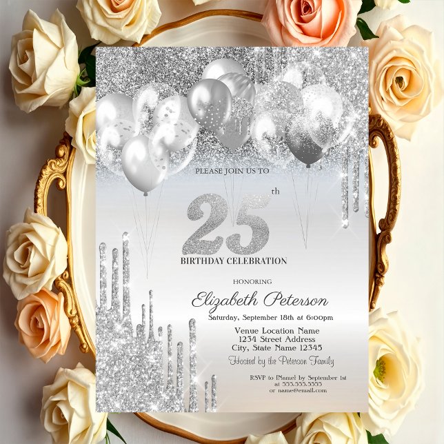 Stylish Silver Glitter Drips Balloons 25th Birthda Invitation (Creator Uploaded)