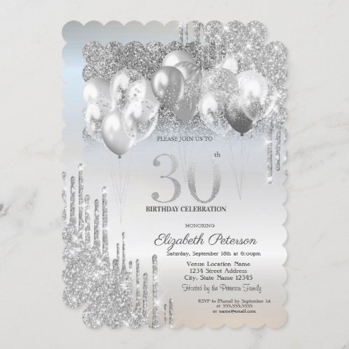 Stylish Silver Glitter Drips Balloons 30th Birthda Invitation