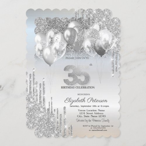 Stylish Silver Glitter Drips Balloons 35th Birthda Invitation