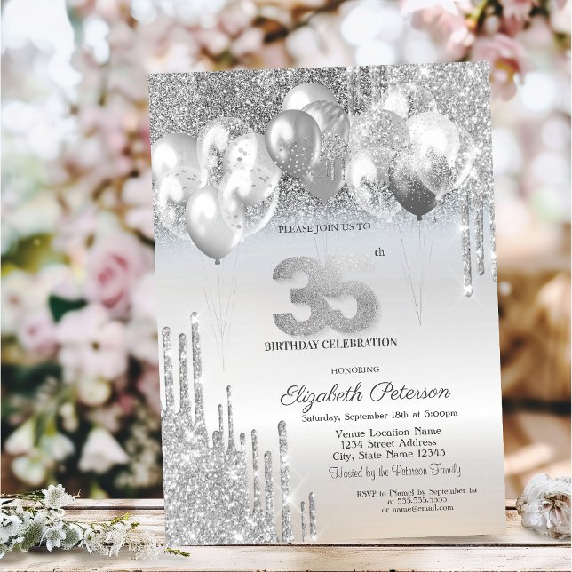 Stylish Silver Glitter Drips Balloons 35th Birthda Invitation (Creator Uploaded)
