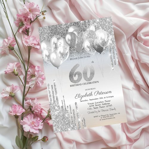 Stylish Silver Glitter Drips Balloons 60th Birthda Invitation