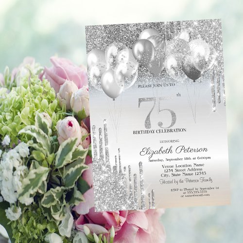 Stylish Silver Glitter Drips Balloons 75th Birthda Invitation