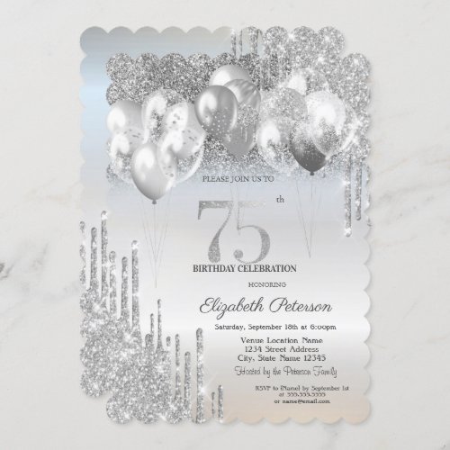 Stylish Silver Glitter Drips Balloons 75th Invitation