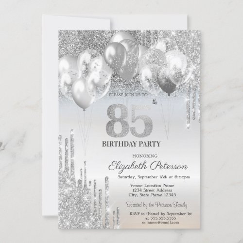 Stylish Silver Glitter Drips Balloons 85th Birthda Invitation