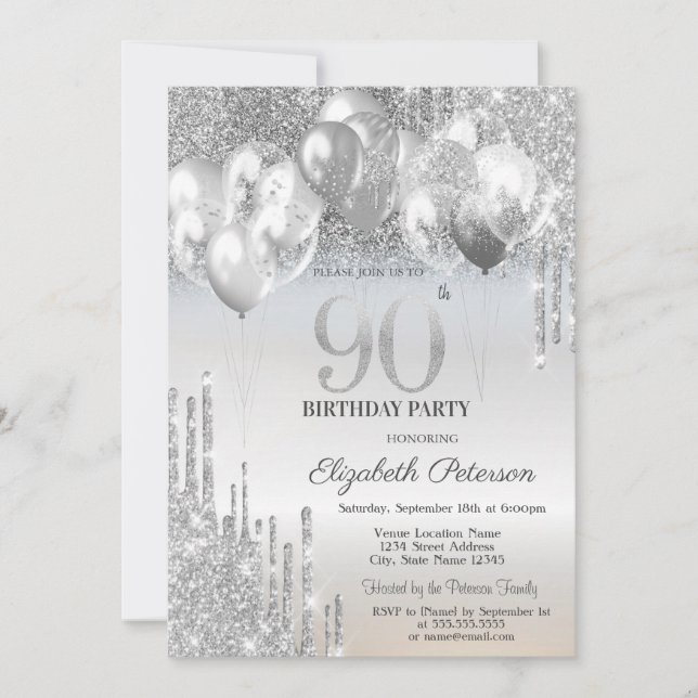 Stylish Silver Glitter Drips Balloons 90th Birthda Invitation (Front)
