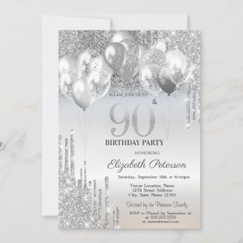 Stylish Silver Glitter Drips Balloons 90th Birthda Invitation