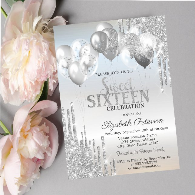 Stylish Silver Glitter Drips Balloons Sweet 16 Invitation (Creator Uploaded)
