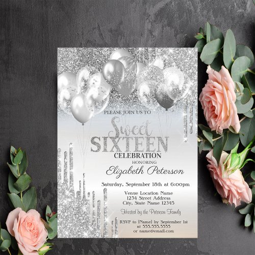 Stylish Silver Glitter Drips Balloons Sweet 16 Invitation