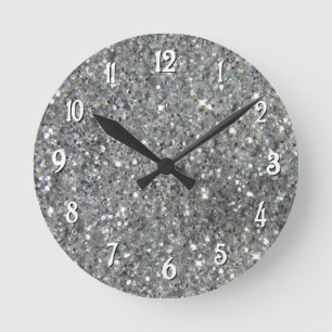 Stylish Silver Glitter Glitz Photo Round Clock
