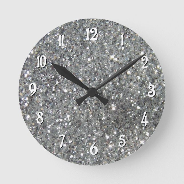 Stylish Silver Glitter Glitz Photo Round Clock (Front)