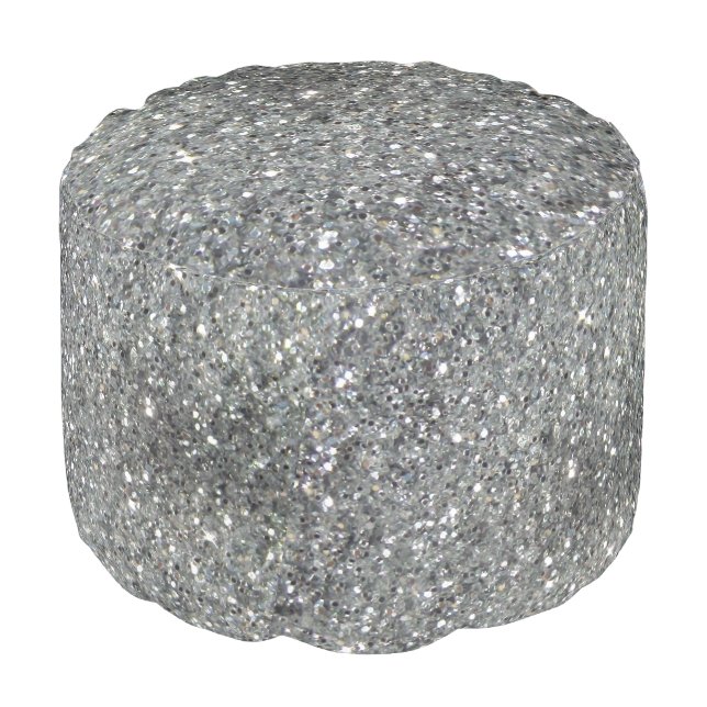 Stylish Silver Glitter Glitz Print Pouf (Angled Front)