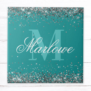 Stylish Silver Glitter Teal Monogram Ceramic Tile