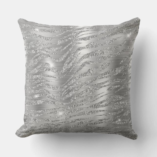 Stylish Silver Glitter Wild Tiger Stripes Pattern Throw Pillow (Front)