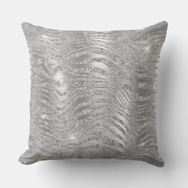 Stylish Silver Glitter Wild Zebra Stripes Pattern Throw Pillow (Front)