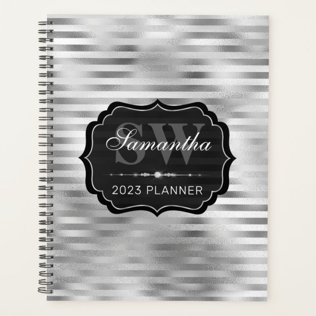 Stylish Silver Gradient Foil Stripes Monogram Planner (Front)