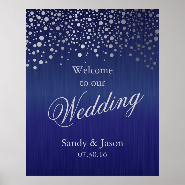 Stylish Silver Gray Confetti Dots | Dark Blue Poster (Front)