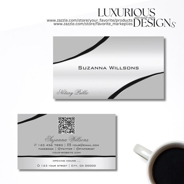 Stylish Silver Gray Curved Decor Lines and QR Code Business Card (Creator Uploaded)