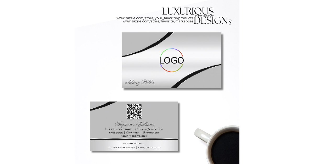 Silver Qr Code Logo Stylish Silver Gray Curved Lines Logo and QR Code Business Card | Zazzle