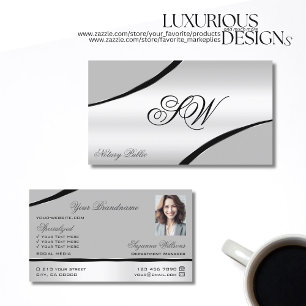 Stylish Silver Gray Curved Lines Monogram Photo Business Card