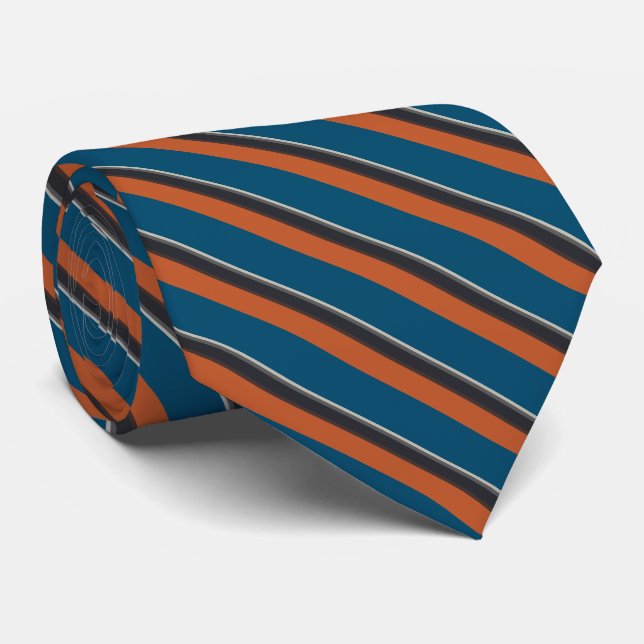 Stylish Silver Gray Navy Orange Red Blue Stripes Neck Tie (Rolled)