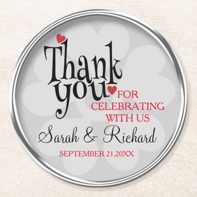 Stylish Silver Gray Wedding Thank You Round Paper Coaster (Front)