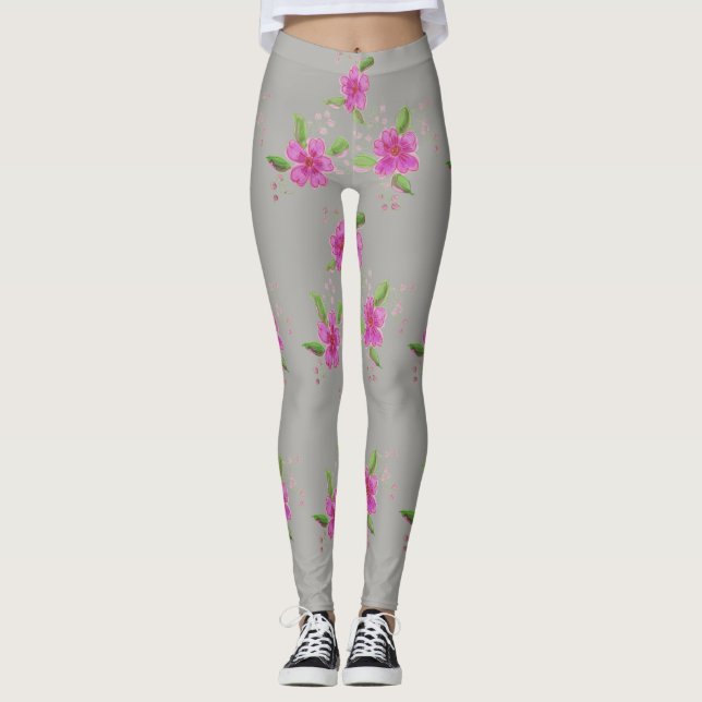 Stylish Silver Grey Leggings With Floral Pattern (Front)