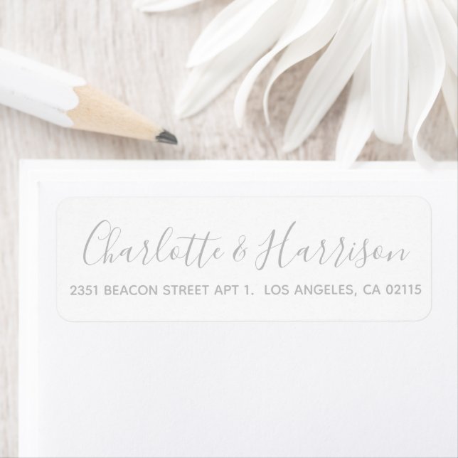 Stylish silver grey script modern chic wedding label (Insitu)