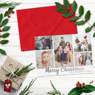 Stylish Silver Merry Christmas 5 Photo Collage Holiday Card