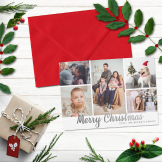 Stylish Silver Merry Christmas 5 Photo Collage Holiday Card