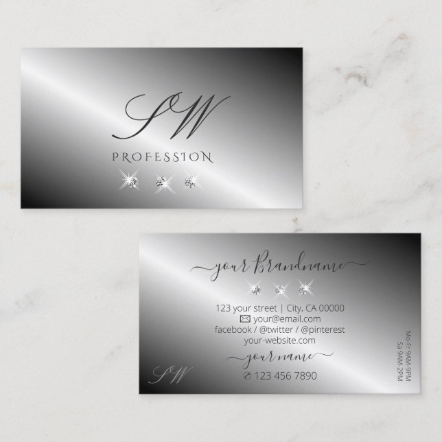 Stylish Silver Metal Sparkling Diamonds Initials Business Card (Front/Back)