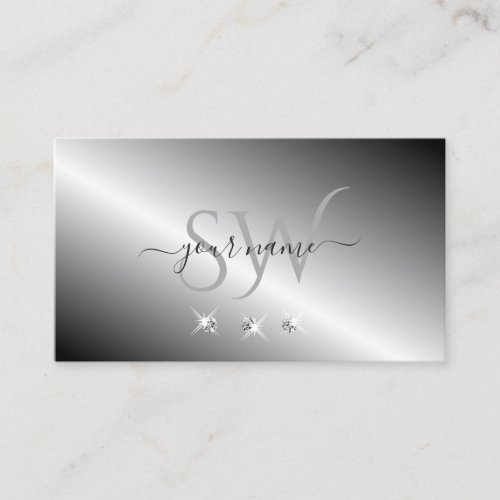 Stylish Silver Metal Sparkling Diamonds Monogram Business Card