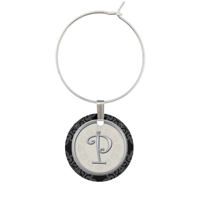 Stylish Silver Monogram Initial P Wine Glass Charm