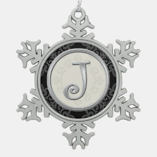 Stylish Silver Monogram  J Christmas Snowflake Pewter Christmas Ornament