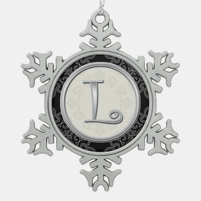 Stylish Silver Monogram  L Christmas Snowflake Pewter Christmas Ornament (Front)