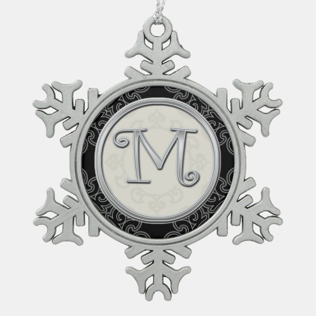 Stylish Silver Monogram  M Christmas Snowflake Pewter Christmas Ornament (Front)